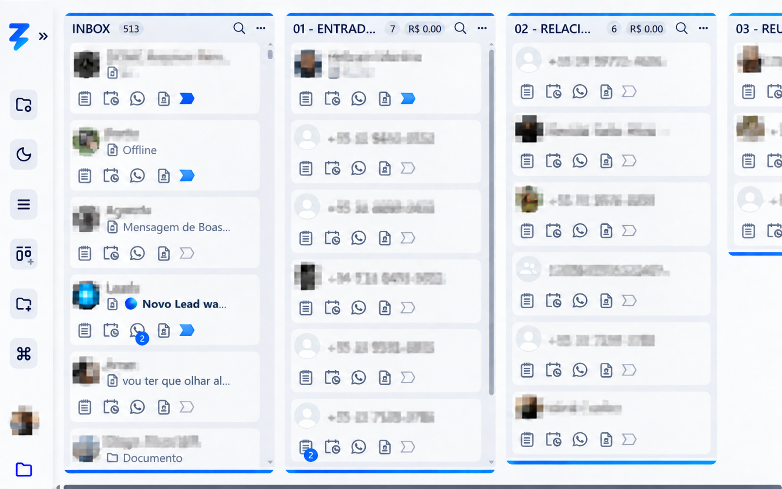 CRM Kanban do ZappMaster com oportunidades organizadas por etapa